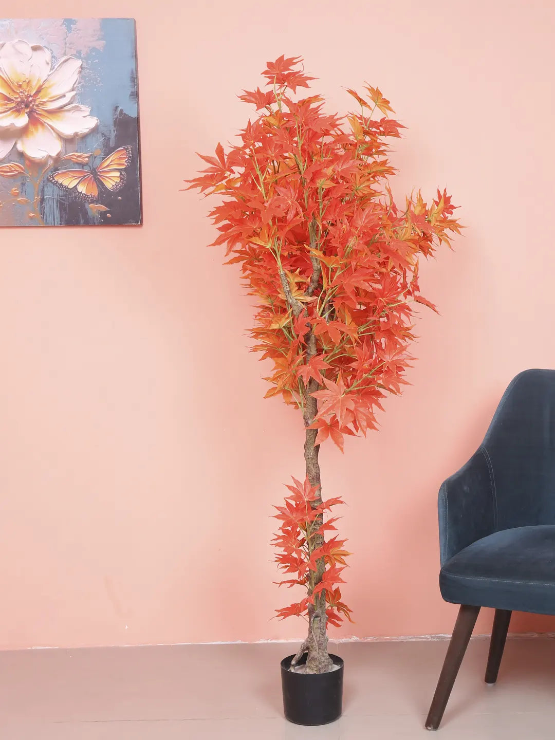 Artificial Dried Maple Plant with Basic Black Pot - 6 Feet Tall Orange Leaves