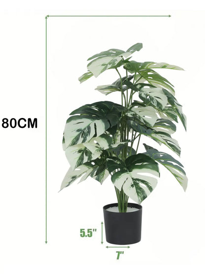 Artificial Monstera Leaf Green Floor Plant with Pot (24 Leaves, 80 cm Tall, White)