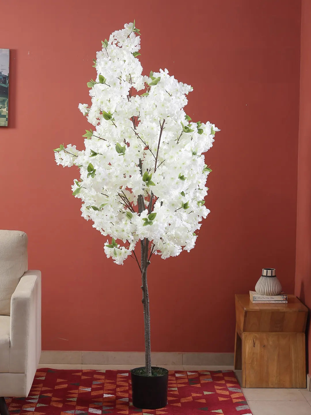 Artificial White Blossom Flowers Plant with Basic Black Pot - 6 feet