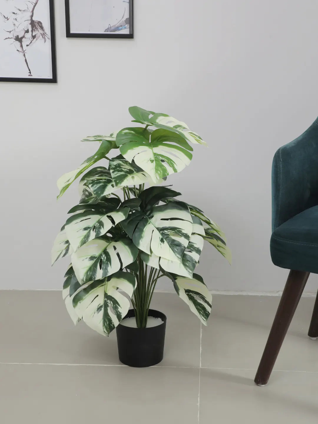 Artificial Monstera Leaf Green Floor Plant with Pot (24 Leaves, 80 cm Tall, White)