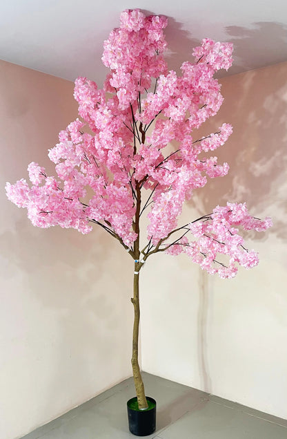 Artificial Blush Pink Cherry Blossom Plant With Black Pot- 7.8 Feet Tall