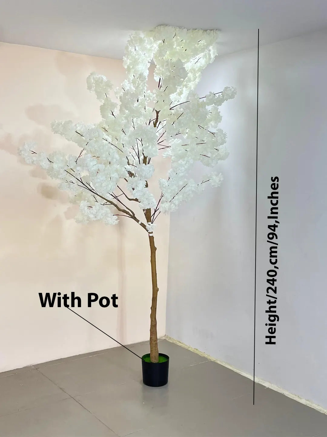 Artificial Blush White Cherry Blossom Plant With Black Pot- 7.8 Feet Tall