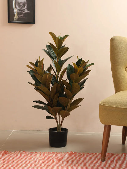 Artificial Red Rubber Plant with Basic Black Pot (85 cm Tall, 104 Light Green Leaves)