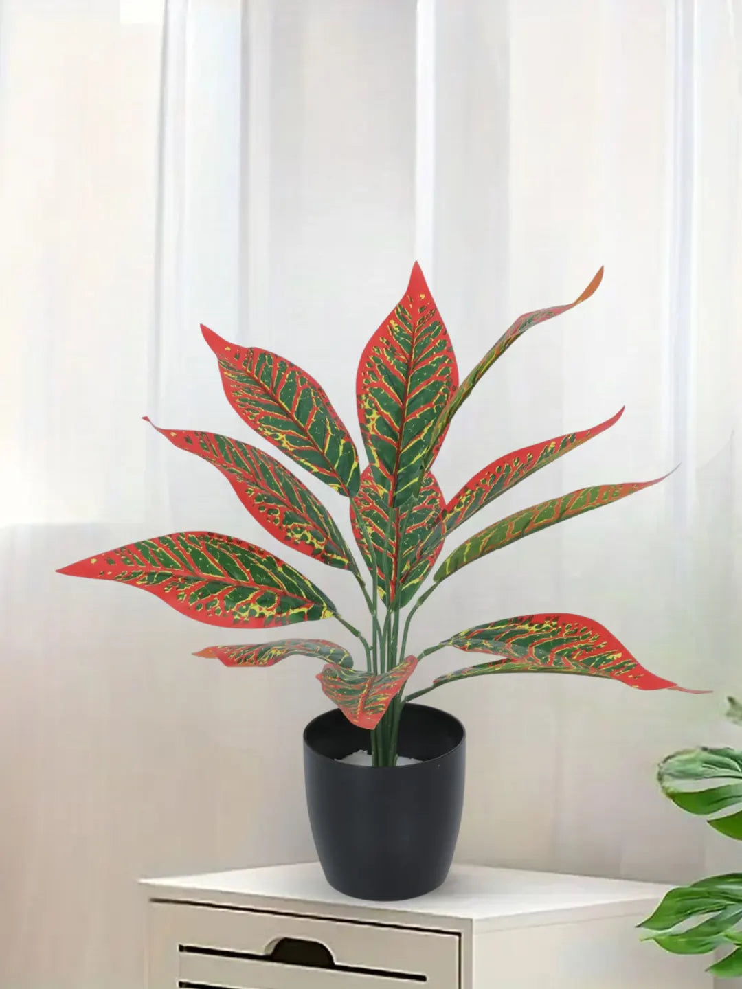 Artificial Red Iceton Croton Plant (12 Leaves with Basic Black Pot 45 Cm Tall)