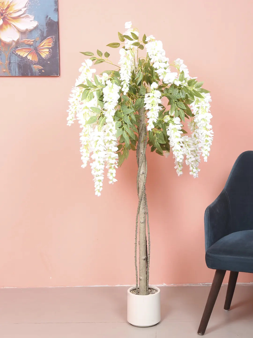 Artificial Wisteria Orchid Flowers Plants For with Basic Black Pot- 5.5 Feet - White