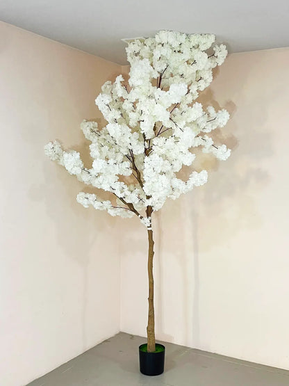 Artificial Blush White Cherry Blossom Plant With Black Pot- 7.8 Feet Tall