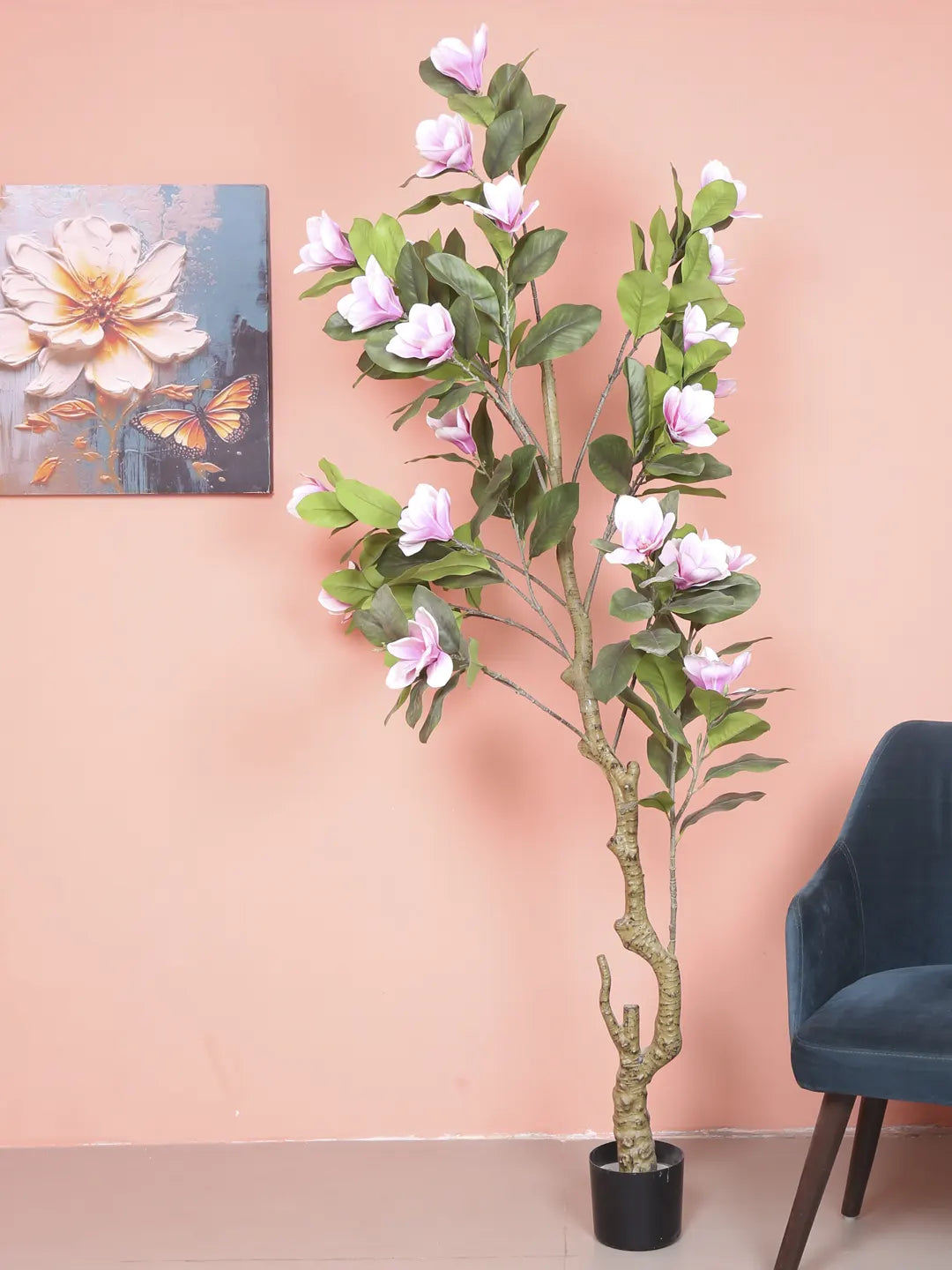 Artificial Magnolia Leaf Flowers Plant with Basic Black Pot - 200 cm Tall, Pink
