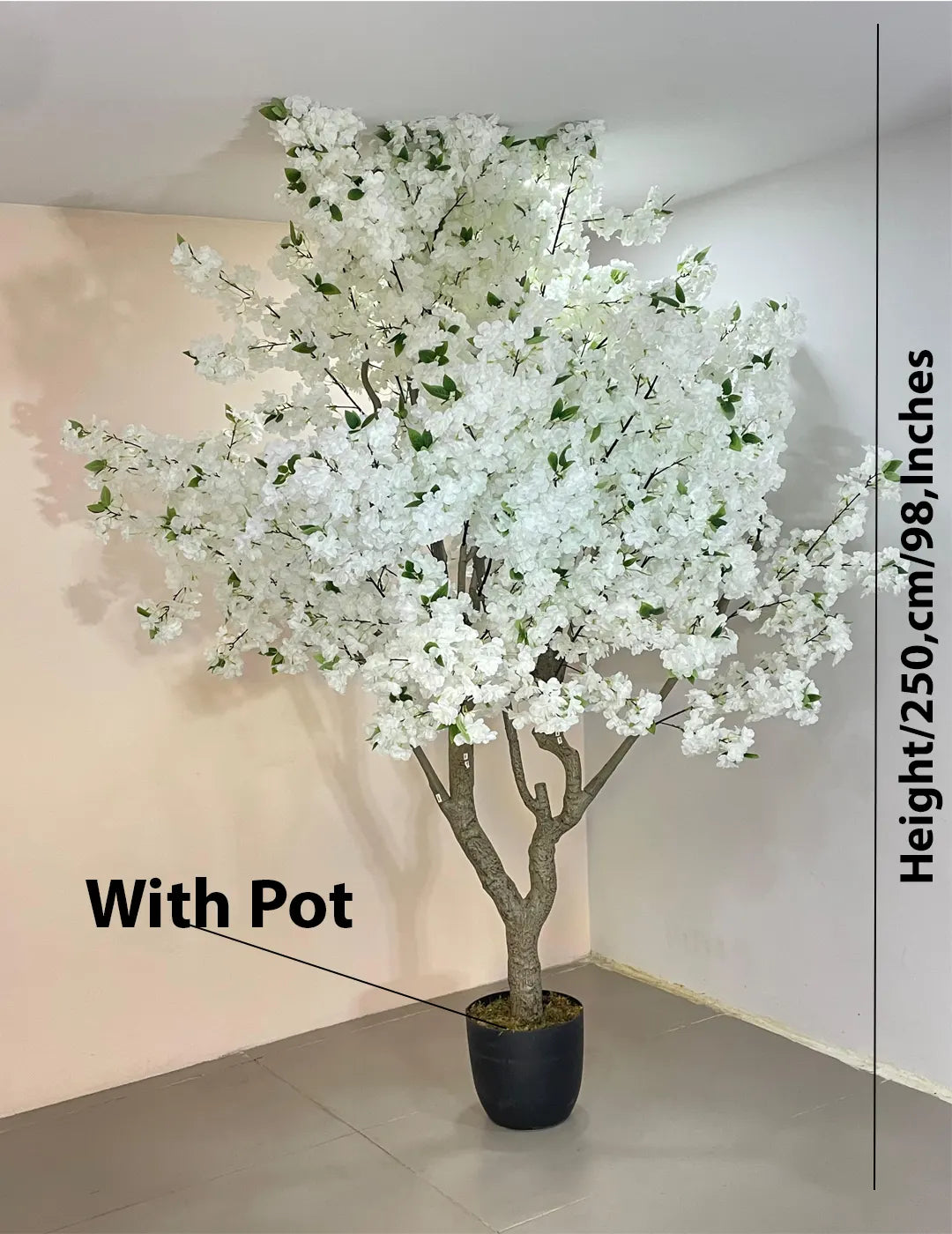 Artificial Blush White Cherry Blossom Plant With Black Pot- 8 Feet Tall