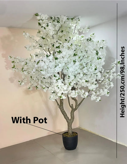 Artificial Blush White Cherry Blossom Plant With Black Pot- 8 Feet Tall