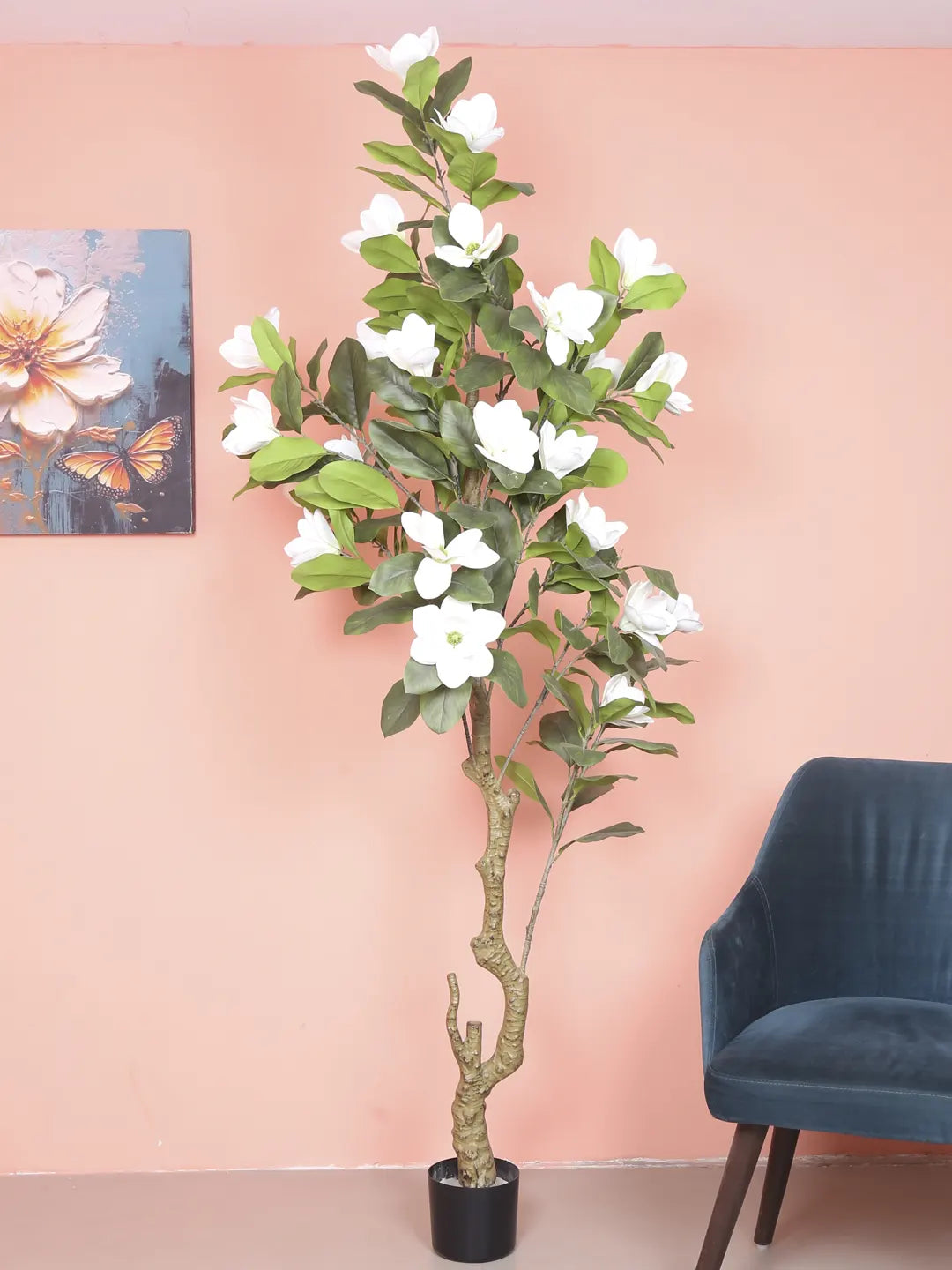 Artificial Magnolia Leaf Flowers Plant with Basic Black Pot - 200 cm Tall, White