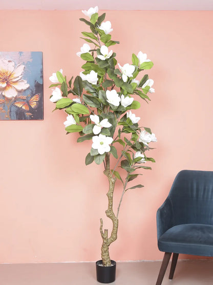 Artificial Magnolia Leaf Flowers Plant with Basic Black Pot - 200 cm Tall, White