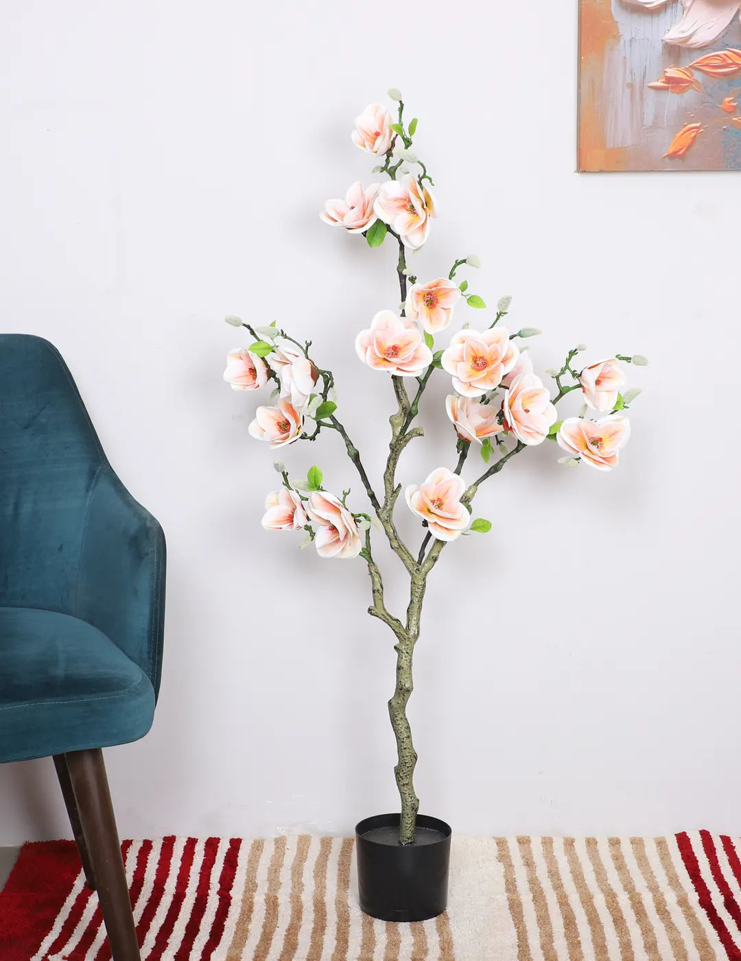Artificial Magnolia With PU Flowers Plants with Basic Black Pot - 120 cm Tall