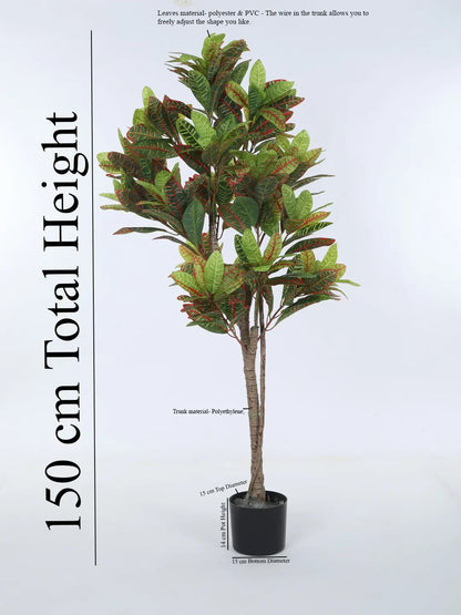 Artificial Multicolor Croton Grandiose Ficus Plant with Basic Black Pot - 5 Feet