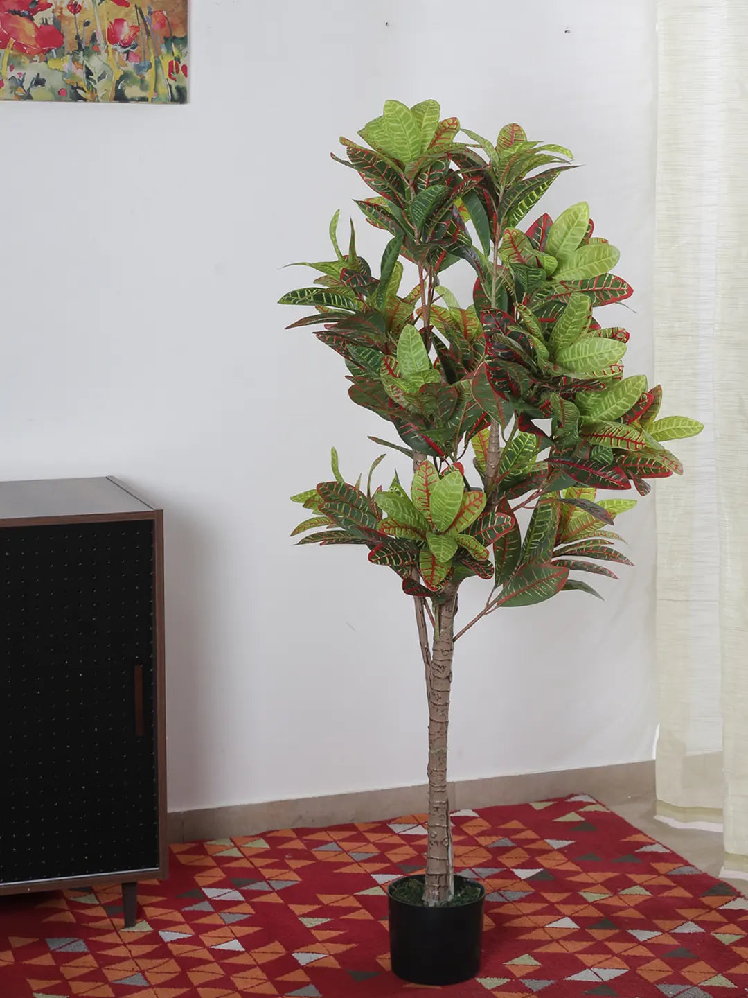 Artificial Multicolor Croton Grandiose Ficus Plant with Basic Black Pot - 5 Feet