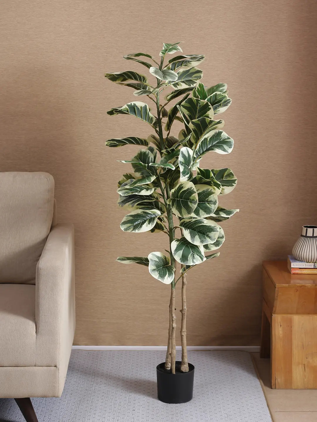 Artificial Variegated Fiddle Leaf Fig Plant with Basic Black Pot - 5 Feet tall