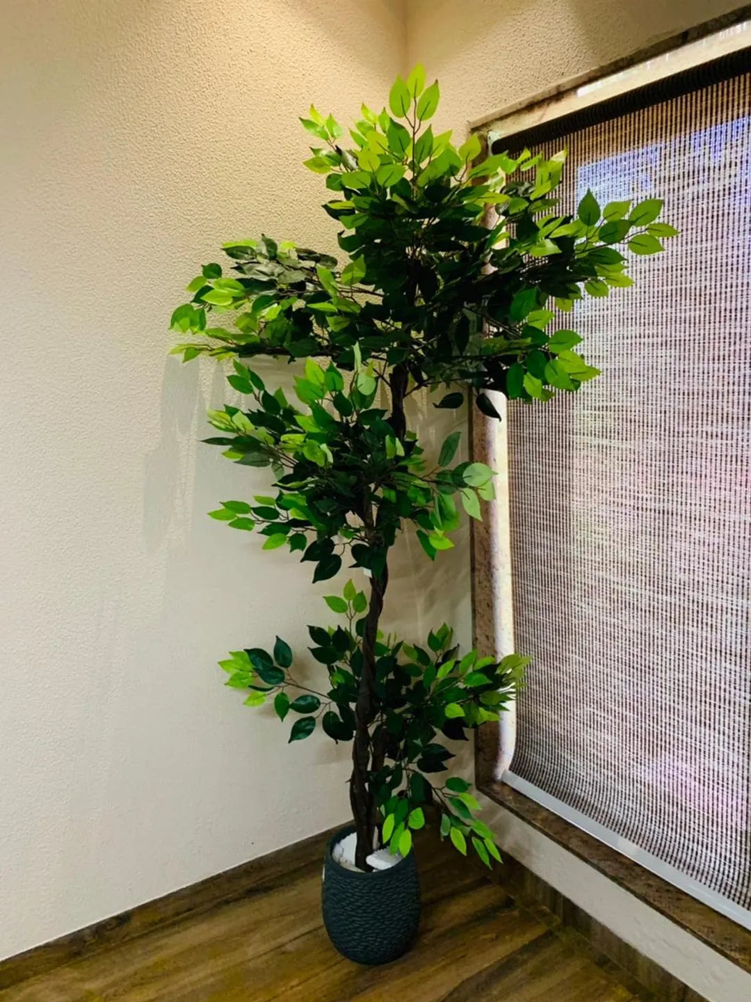 Artificial Green Dried Ficus Plant with Basic Black Pot - 6 Feet Tall Green Leaves