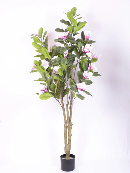 Artificial Magnolia Leaf Flowers Plant with Basic Black Pot - 180 cm Tall, Pink