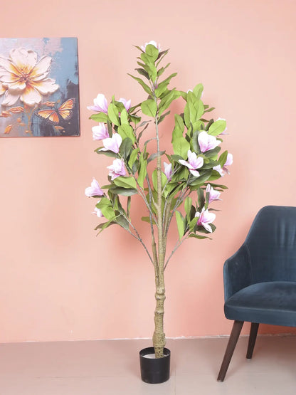 Artificial Magnolia Leaf Flowers Plant with Basic Black Pot - 180 cm Tall, Pink