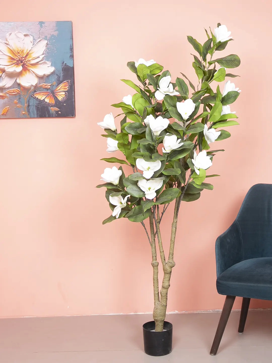 Artificial Magnolia Leaf Flowers Plant with Basic Black Pot - 180 cm Tall, White