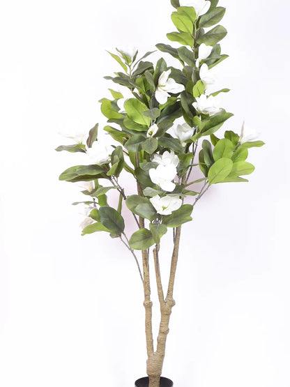 Artificial Magnolia Leaf Flowers Plant with Basic Black Pot - 180 cm Tall, White