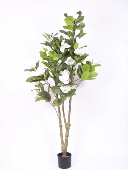 Artificial Magnolia Leaf Flowers Plant with Basic Black Pot - 180 cm Tall, White