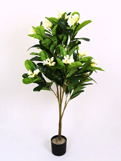 Artificial Frangipani Bloom Plant with Basic Black Pot - 4.5 Feet Green/White