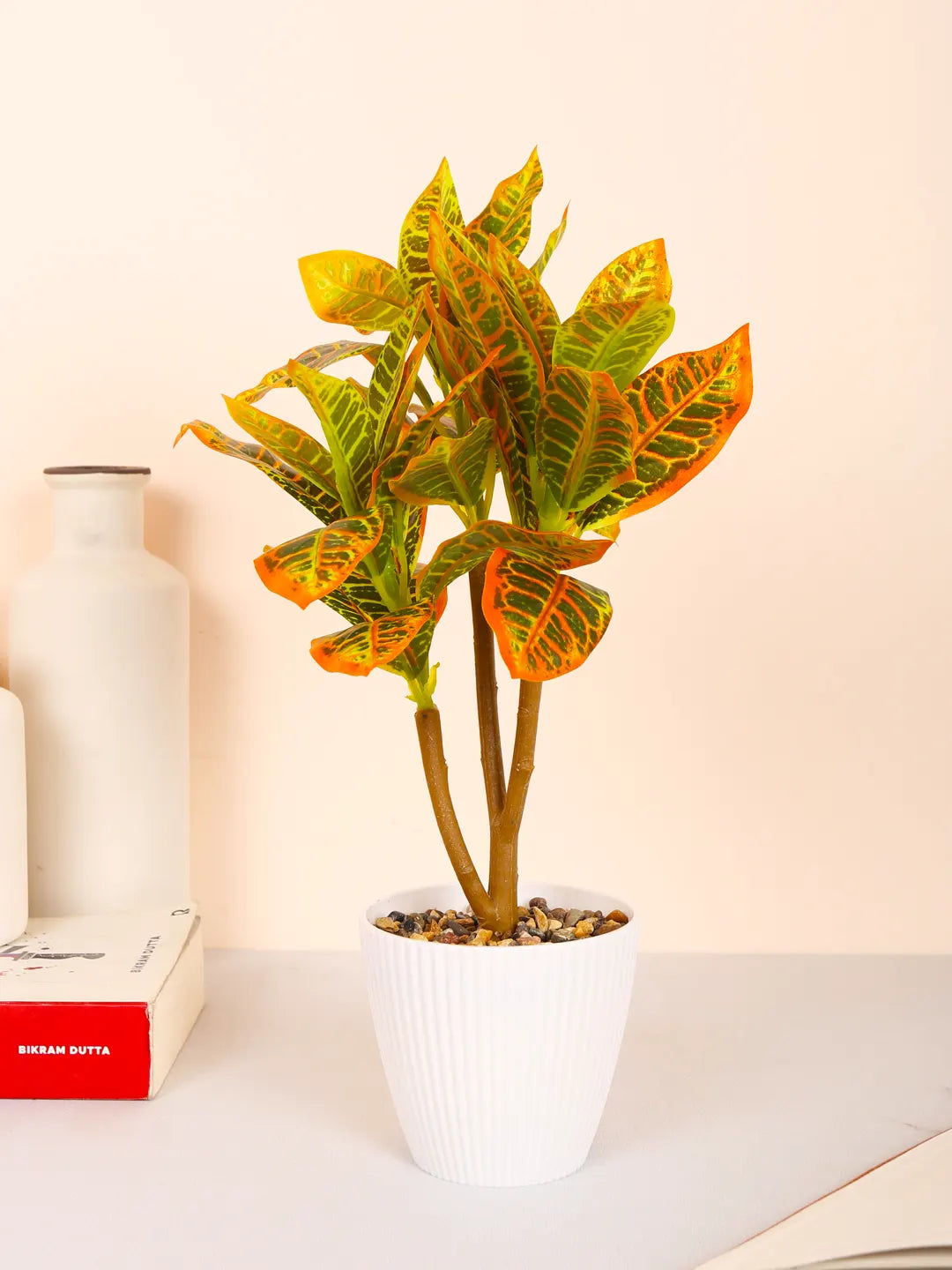 Artificial Ficus Bonsai Plant with Pot (30 cm Tall, Green/Red)