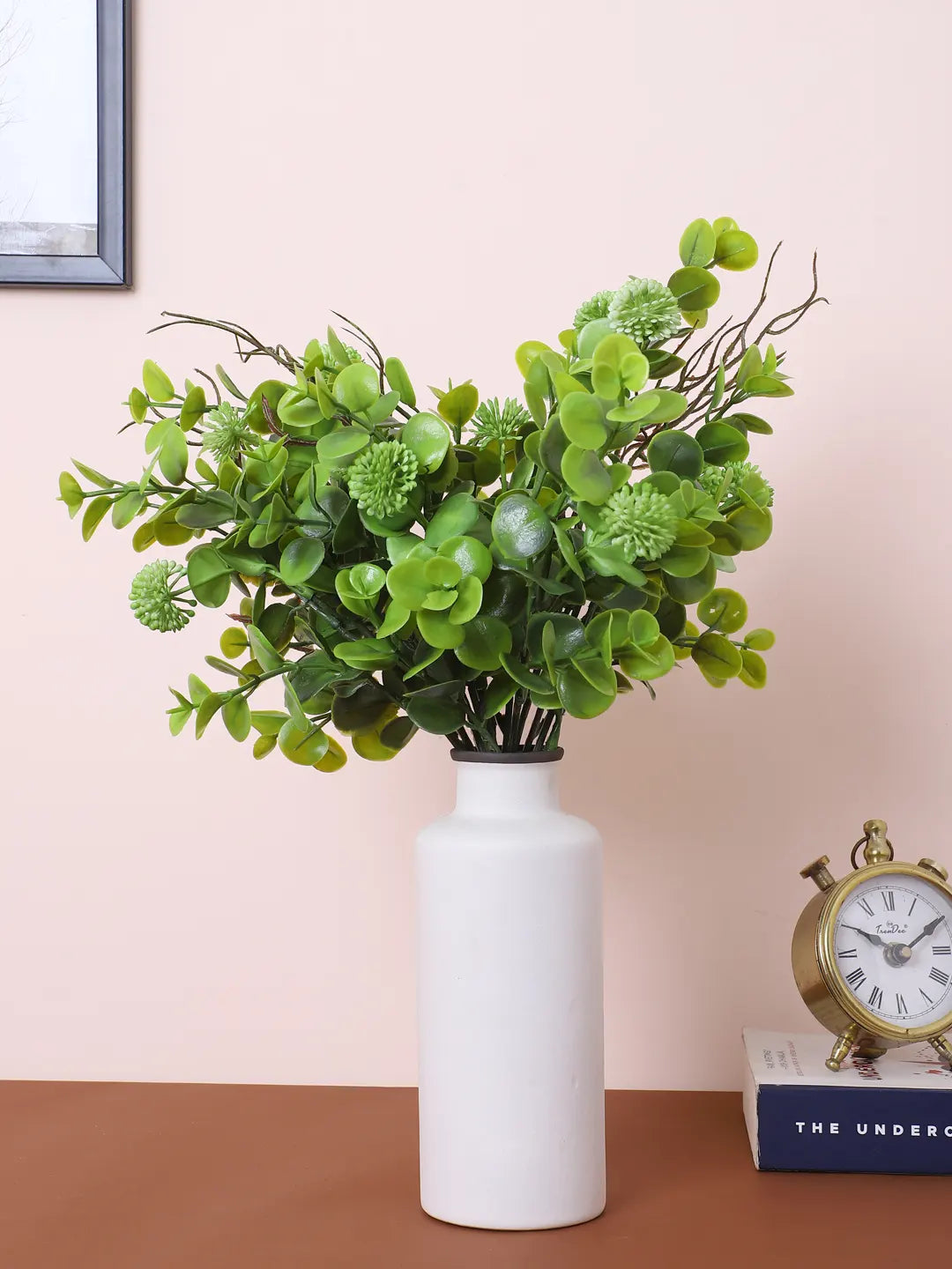 Artificial Eucalyptus with Flowers For Wedding Floral Arrangement (40 cm Tall, Without Pot, Pack of 3, Green)