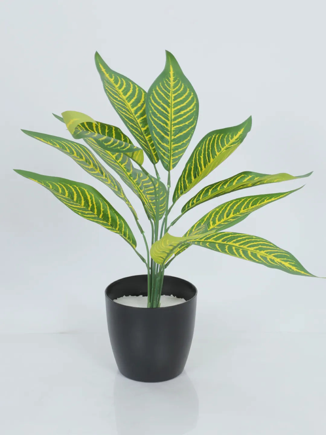 Artificial Yellow Iceton Croton Plant (12 Leaves with Basic Black Pot 45 Cm Tall)