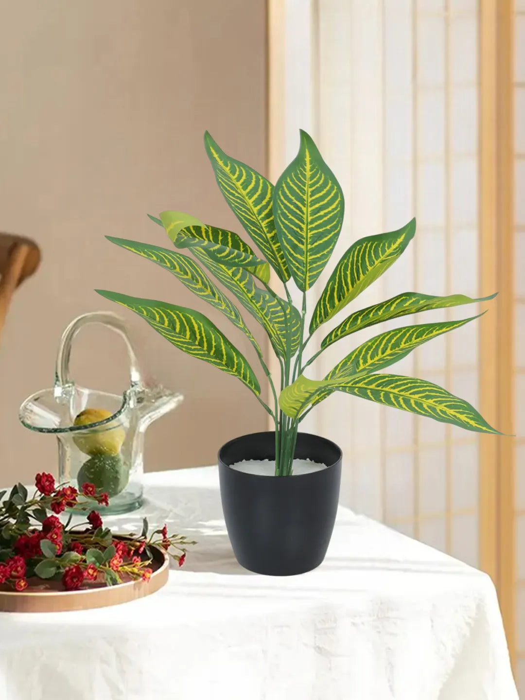 Artificial Yellow Iceton Croton Plant (12 Leaves with Basic Black Pot 45 Cm Tall)