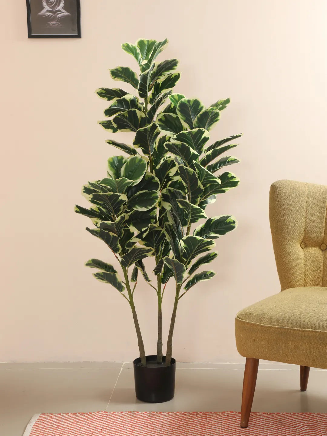 Artificial Variegated Fiddle Leaf Fig Plant with Basic Black Pot - 5 Feet tall