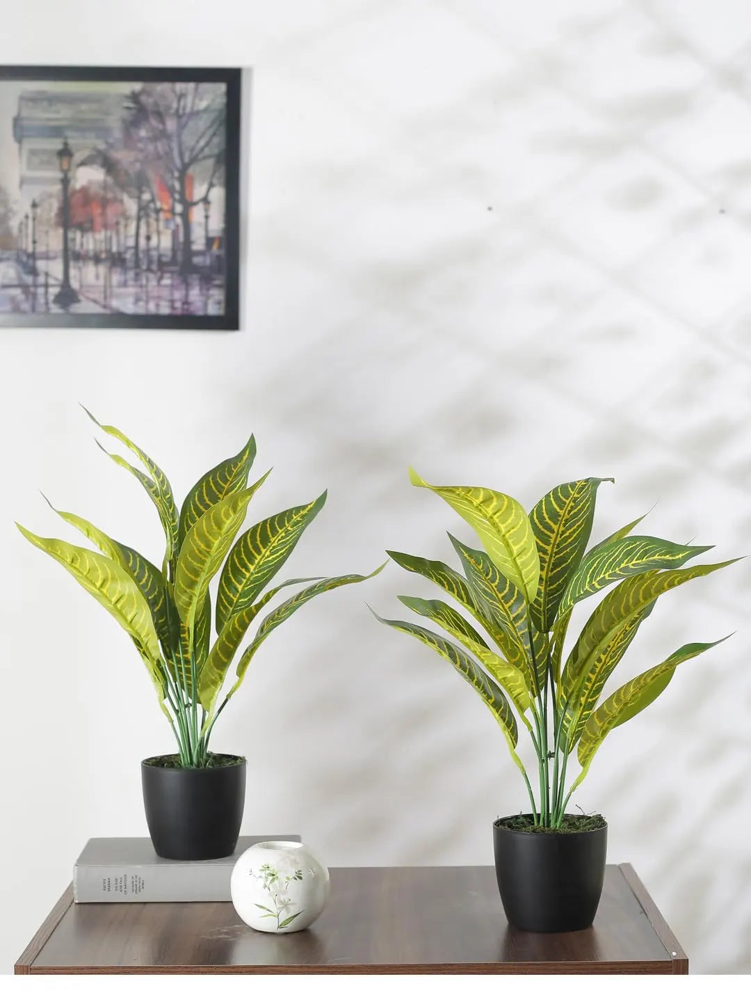 Artificial Yellow Iceton Croton Plant (12 Leaves with Basic Black Pot 45 Cm Tall Pack of 2)