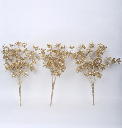 Artificial Glitter Golden Metallic Flower bunch For Christmas Decorations (Pack of 3,  cm Tall)