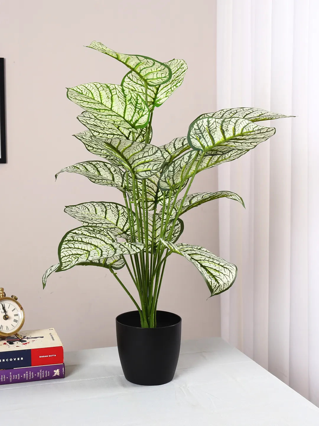 Artificial Dieffenbachia Leaf Plants for with Pot (18 Leaves, 65 cm Tall, White)