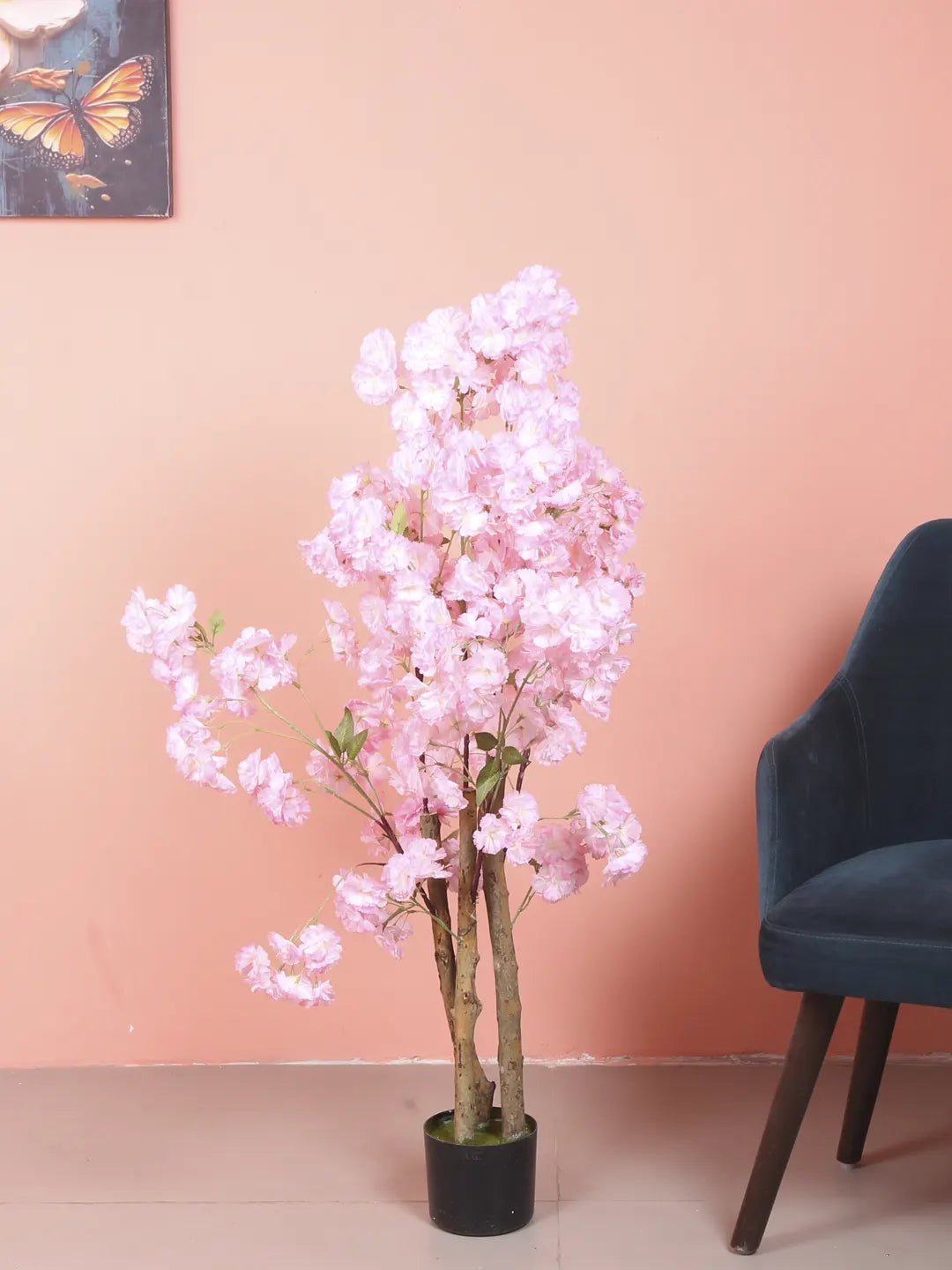 Artificial Pink Peach Blossom Flowers Plant For with Basic Black Pot - 100 Feet - Pink