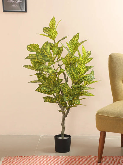 Artificial Variegated Dried Croton Plant with Basic Black Pot - 4 Feet