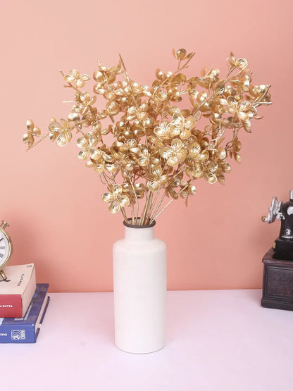Artificial Glitter Golden Metallic Flower bunch For Christmas Decorations (Pack of 3,  cm Tall)