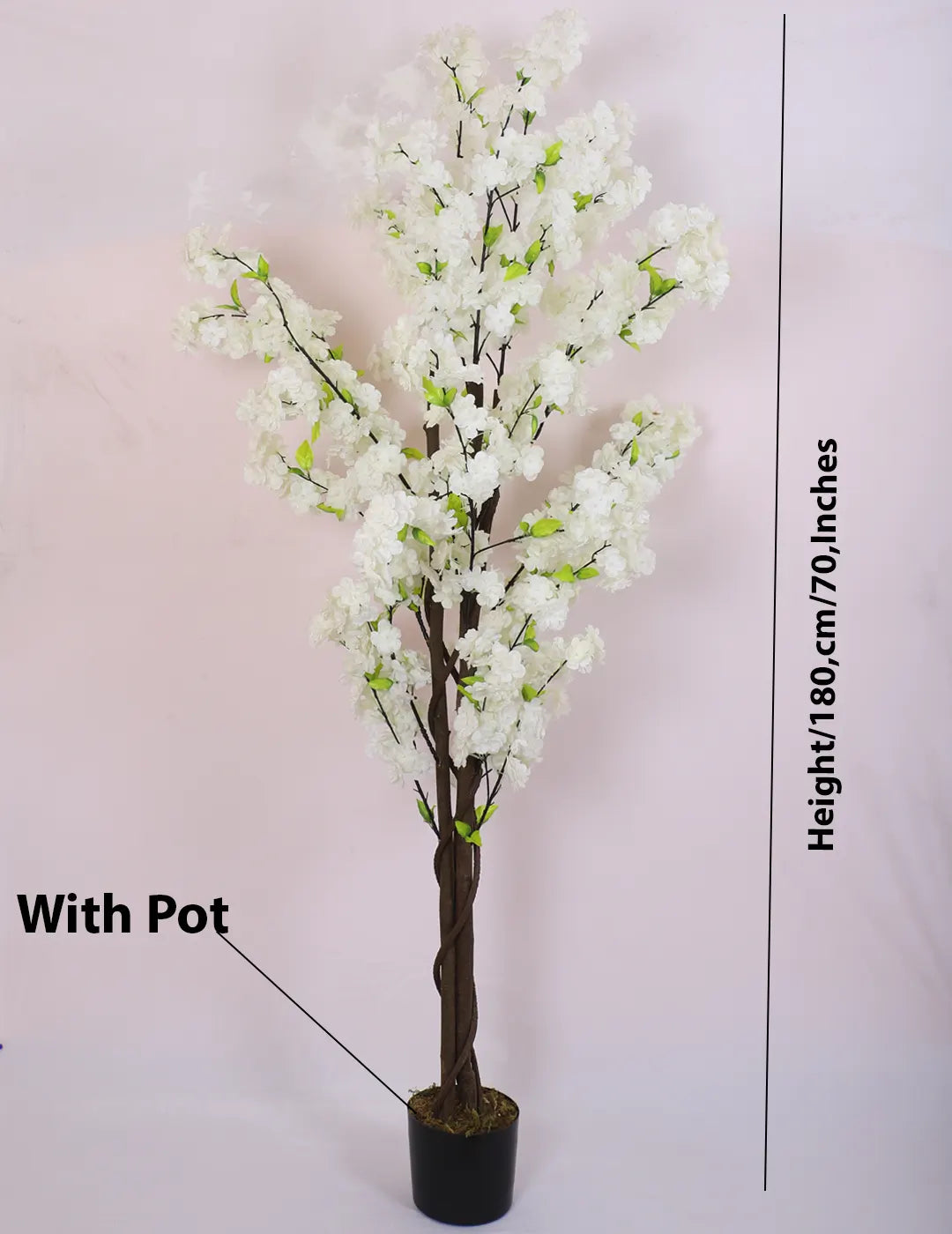 Artificial Pink Peach Blossom Flowers Plant For with Basic Black Pot- 5.5 Feet - White