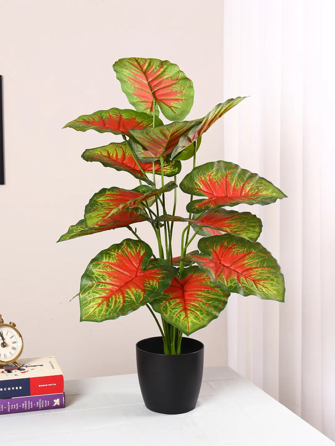 Artificial Caladium Leaf Plants for with Pot (18 Leaves, 65 cm Tall. Green/Red)