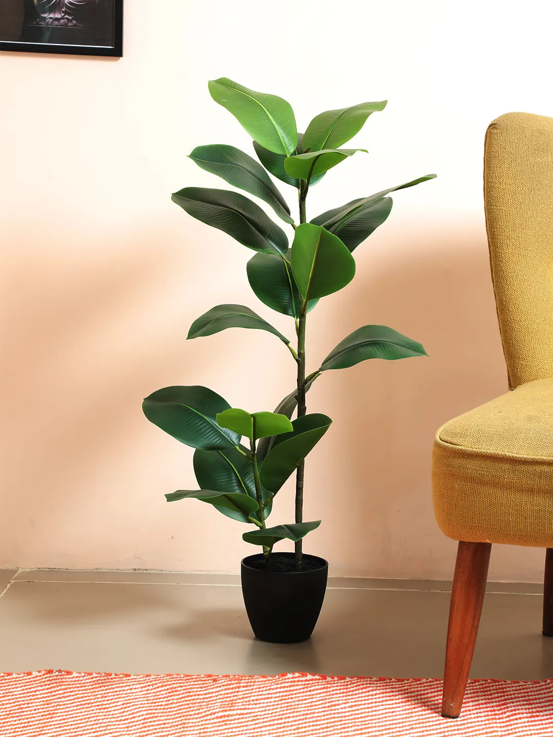 Artificial Rubber Plant for with Basic Black Pot (95 cm Tall Green)