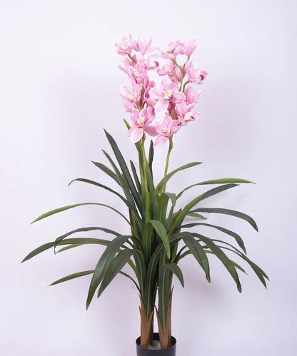 Artificial Cymbidium Orchid Flowers Plants For with Basic Black Pot- 4 Feet - Pink