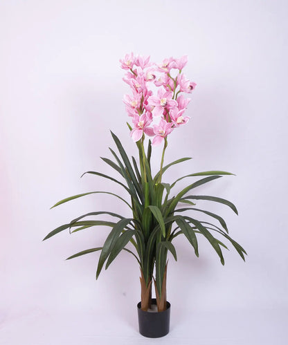 Artificial Cymbidium Orchid Flowers Plants For with Basic Black Pot- 4 Feet - Pink