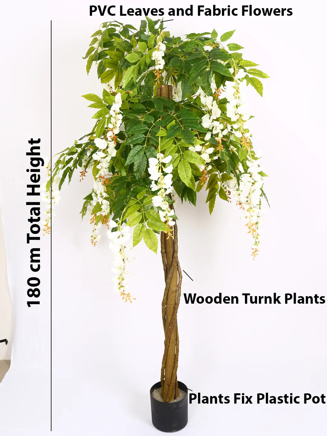 Artificial Wisteria Blush White Plant with Basic Black Pot - 6 Feet Tall
