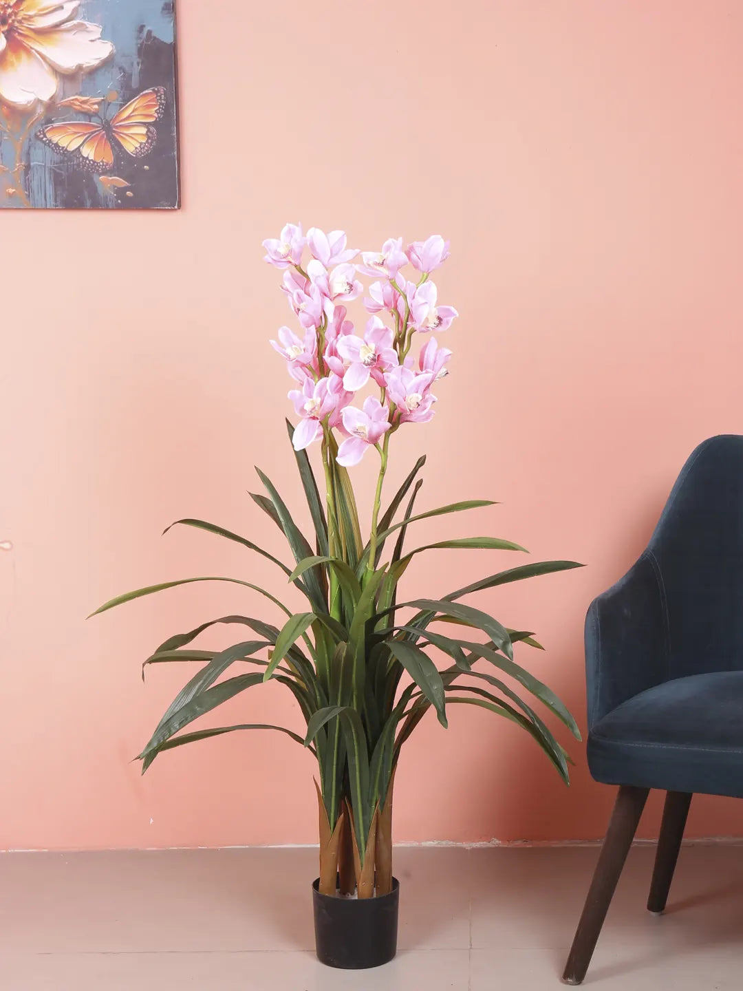 Artificial Cymbidium Orchid Flowers Plants For with Basic Black Pot- 4 Feet - Pink