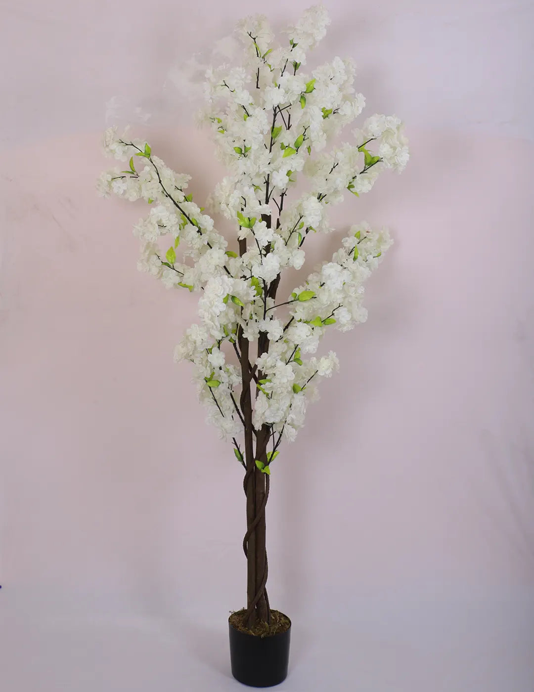 Artificial Pink Peach Blossom Flowers Plant For with Basic Black Pot- 5.5 Feet - White