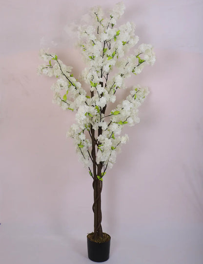 Artificial Pink Peach Blossom Flowers Plant For with Basic Black Pot- 5.5 Feet - White