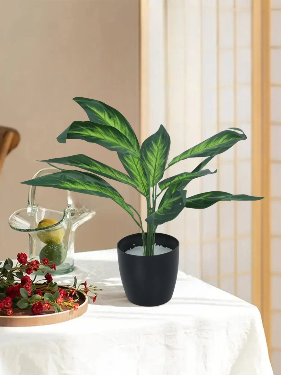 Artificial Green Dieffenbachia Plant (12 Leaves with Basic Black Pot 45 Cm Tall)