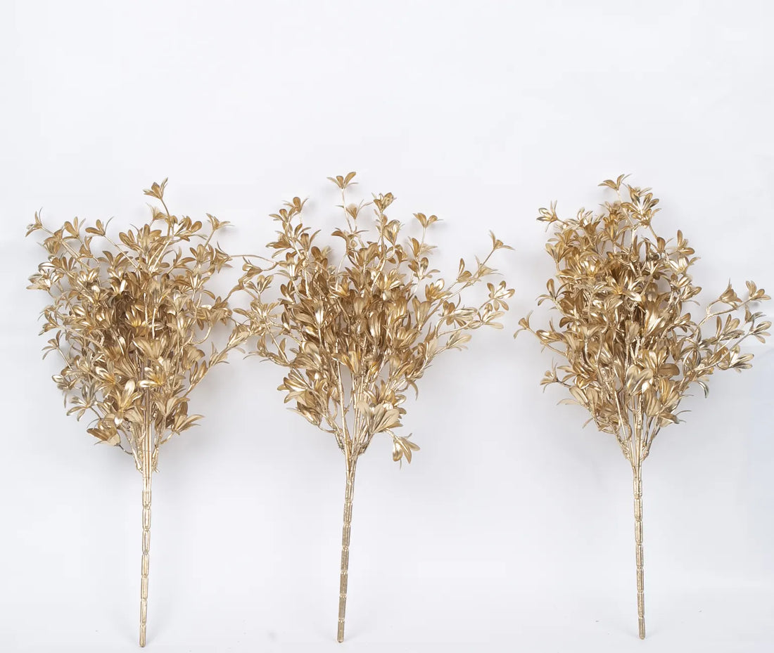 Artificial Glitter Golden Metallic Flower bunch For Christmas Decorations (Pack of 3,  cm Tall)