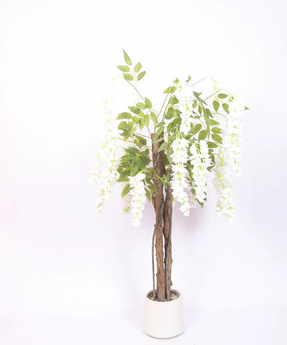 Artificial Wisteria Orchid Flowers Plants For with Basic Black Pot- 4 Feet - White