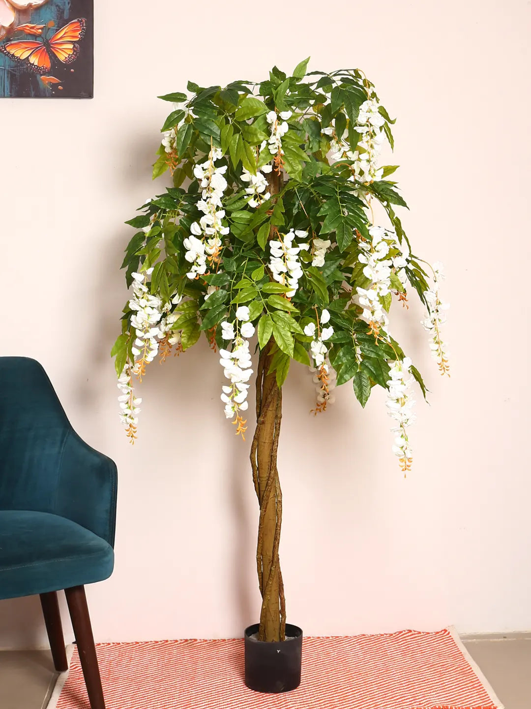 Artificial Wisteria Blush White Plant with Basic Black Pot - 6 Feet Tall